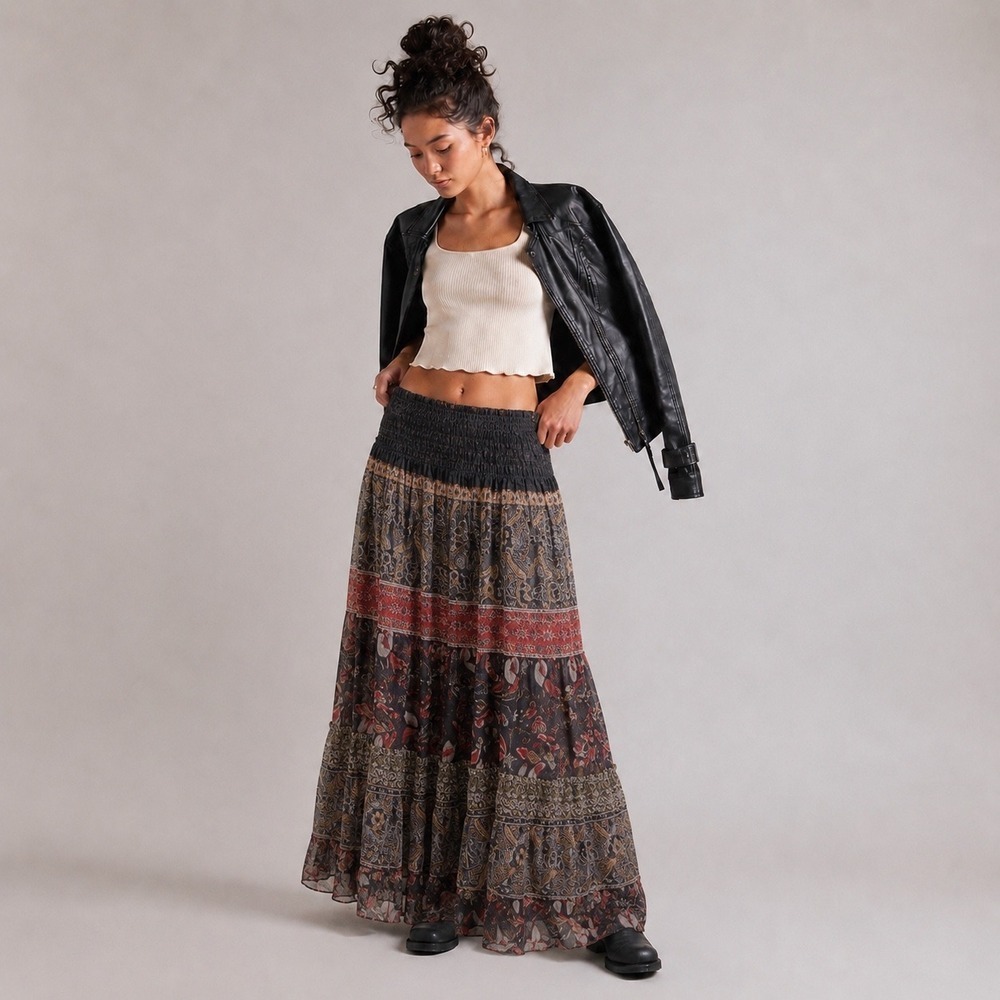 Urban Wear Boho Paisley Lace Tiered Maxi Skirt Womens OS Black Mesh Whimsigoth